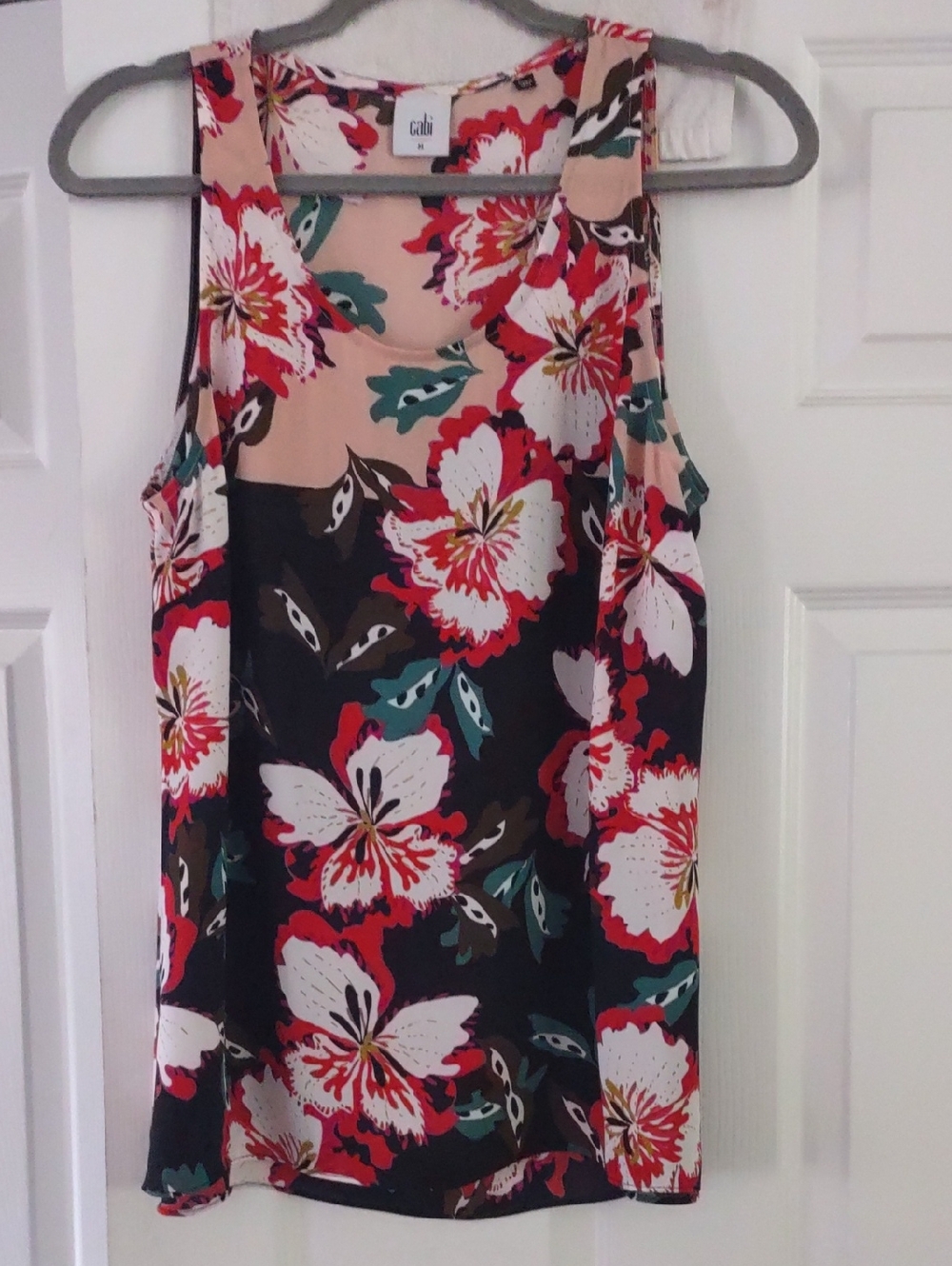cabi Hibiscus Floral Tank Top in Black, Red, White & Teal Size Medium